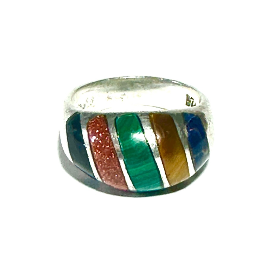 Vintage Mexican 925 Sterling Silver Gemstone Inlay Dome Ring - Size 6.5